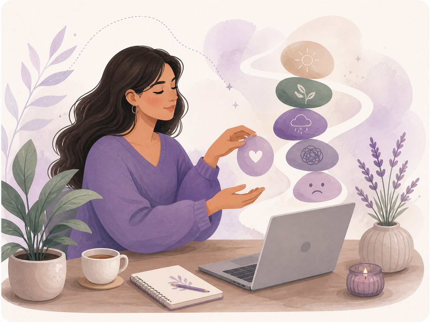 Ilustración de gestión emocional y acompañamiento psicológico online