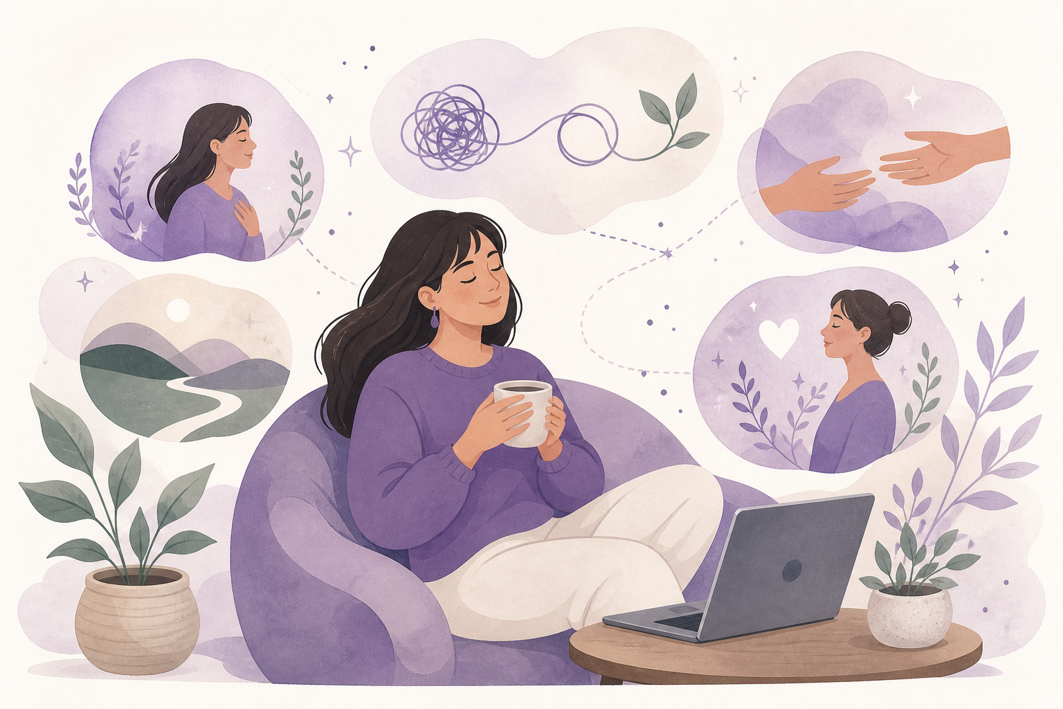 Ilustración de bienestar emocional y terapia online